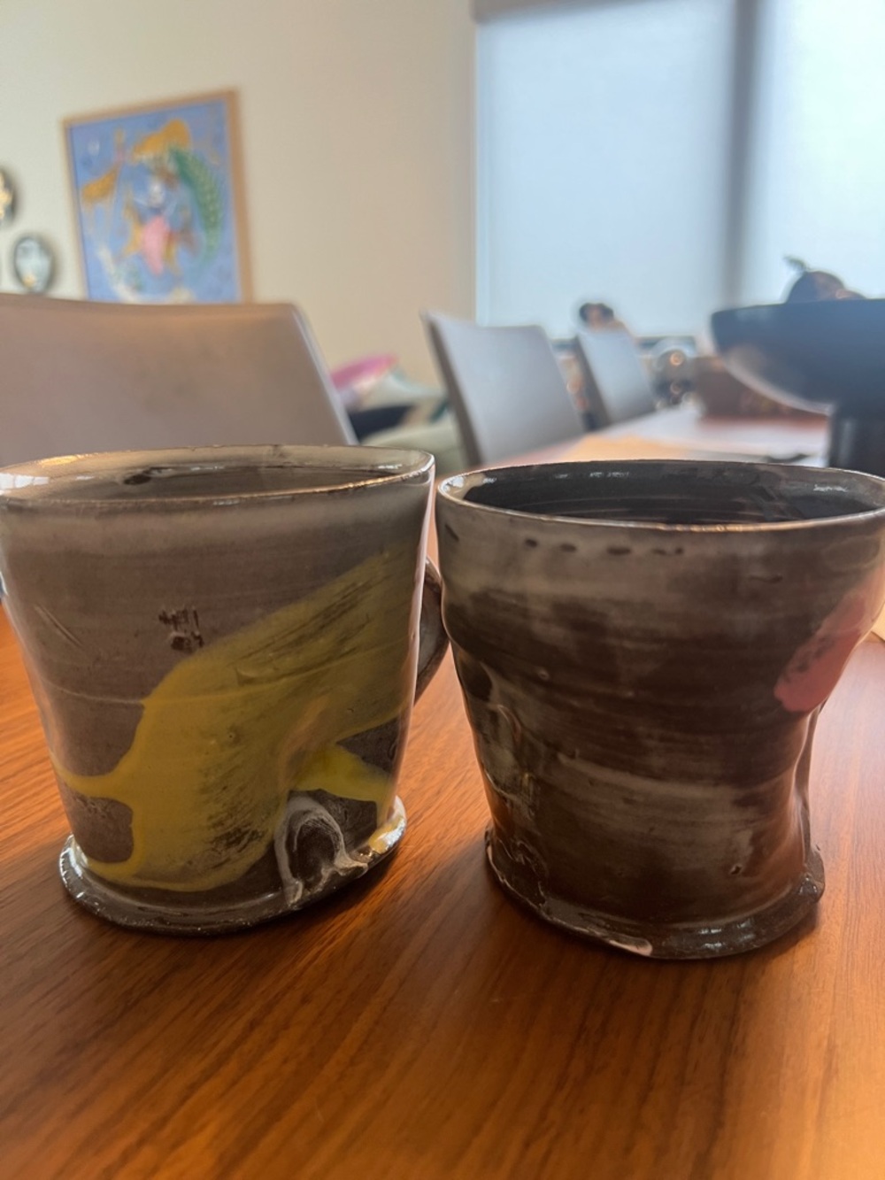Handcrafted Ceramic Art Cups in Gray and Yellow